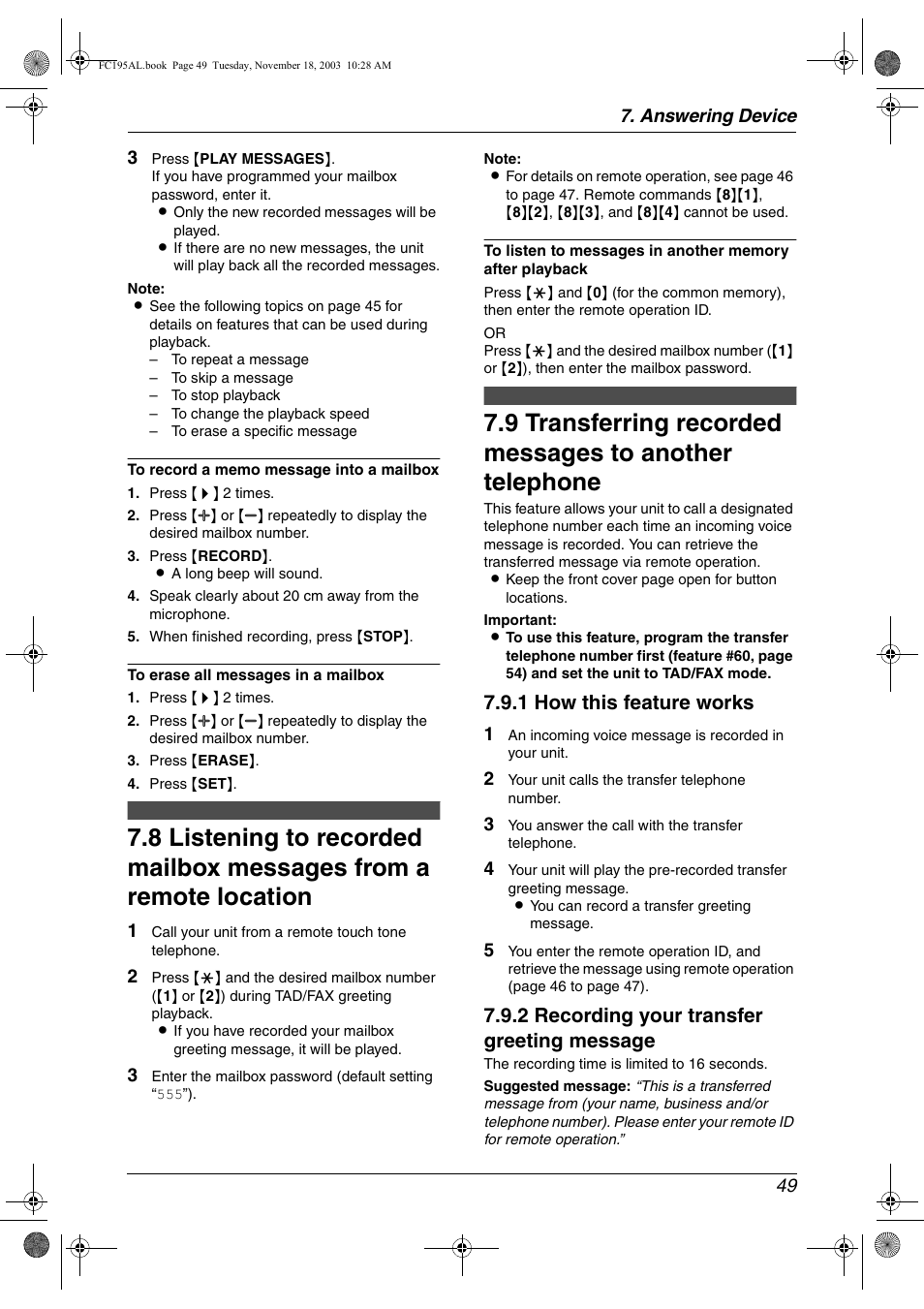 Option, 1 how this feature works, 2 recording your transfer greeting message | Panasonic KX-FC195AL User Manual | Page 51 / 86