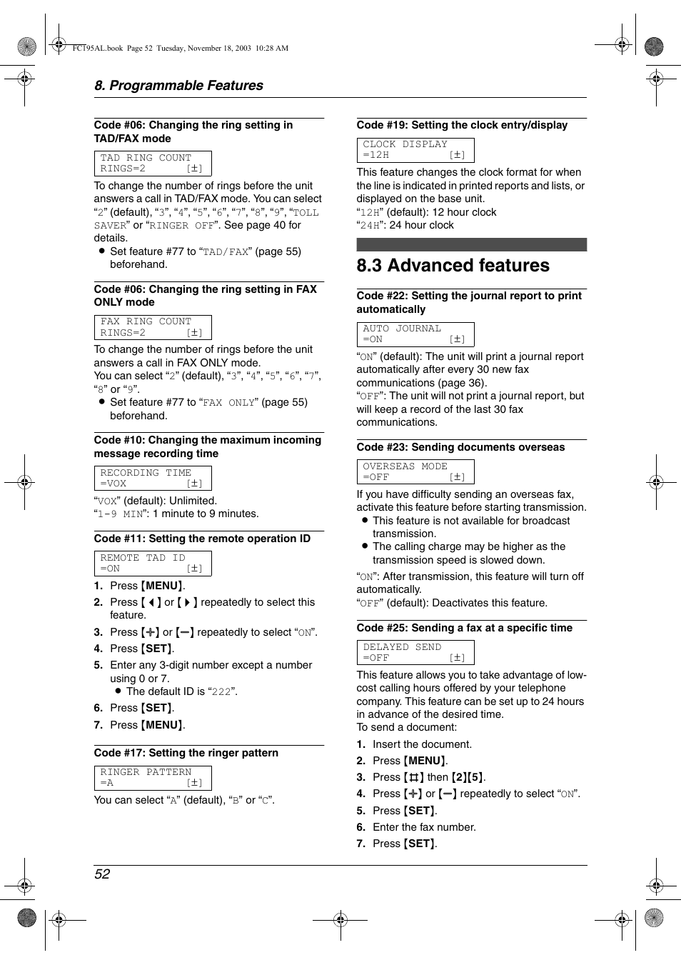 3 advanced features, Advanced features, 3 advanced features | Programmable features 52 | Panasonic KX-FC195AL User Manual | Page 54 / 86