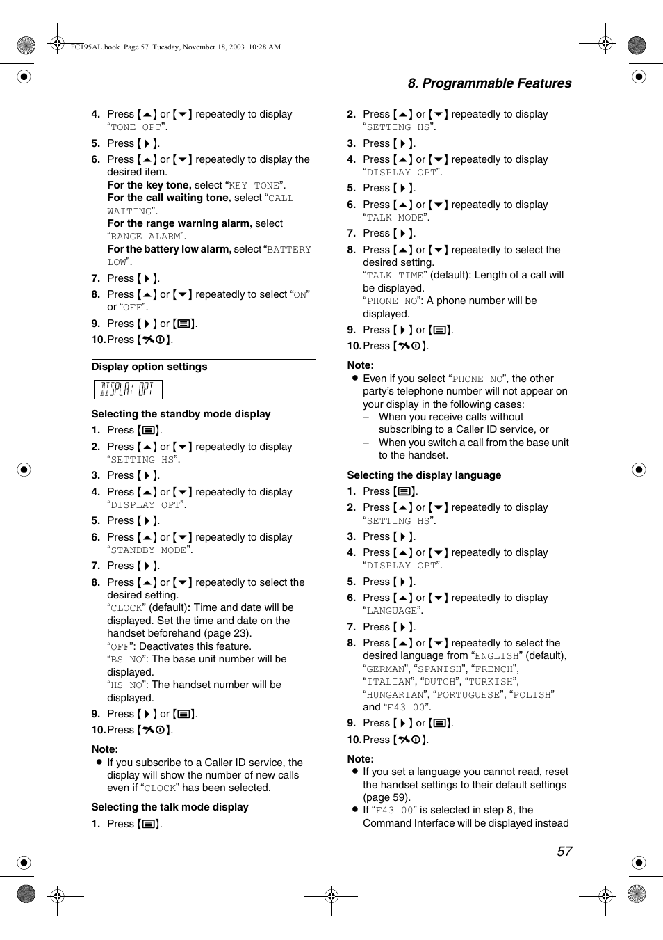 Programmable features 57 | Panasonic KX-FC195AL User Manual | Page 59 / 86