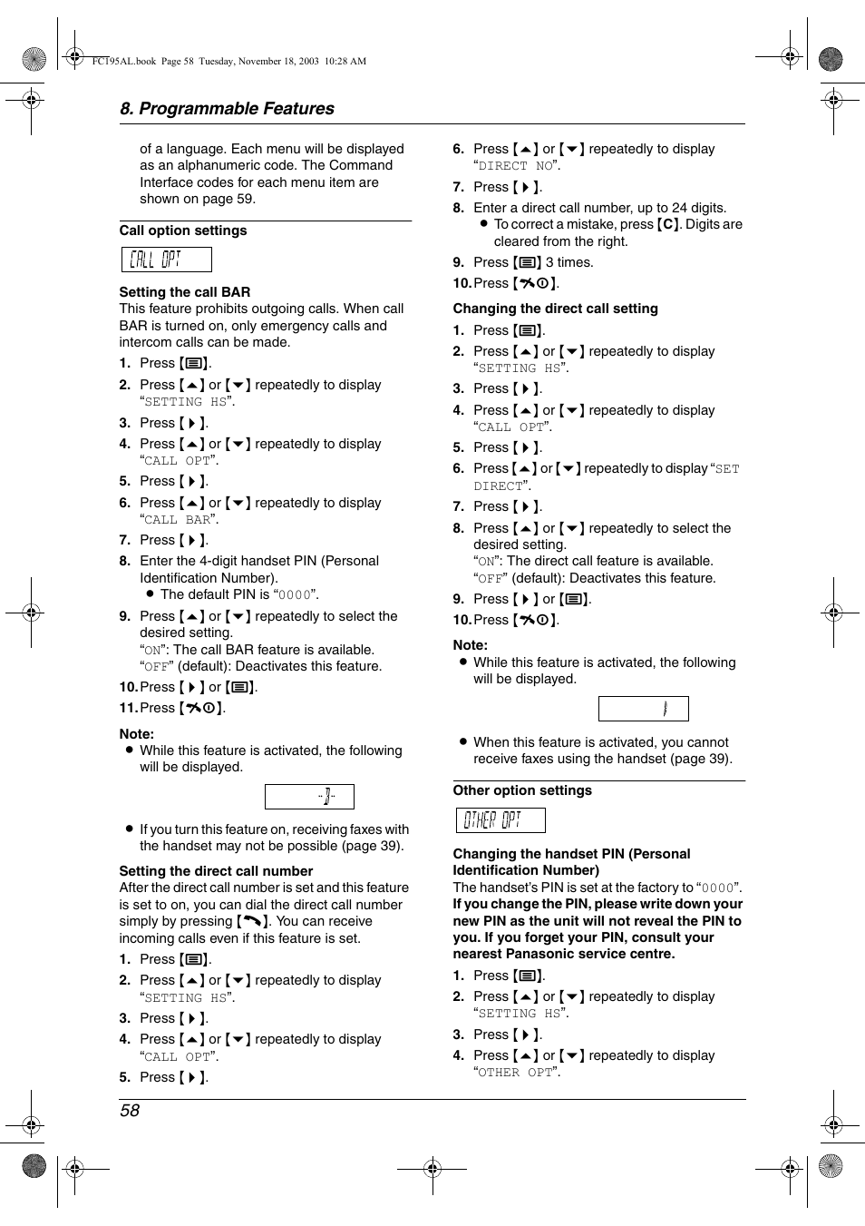 Programmable features 58 | Panasonic KX-FC195AL User Manual | Page 60 / 86