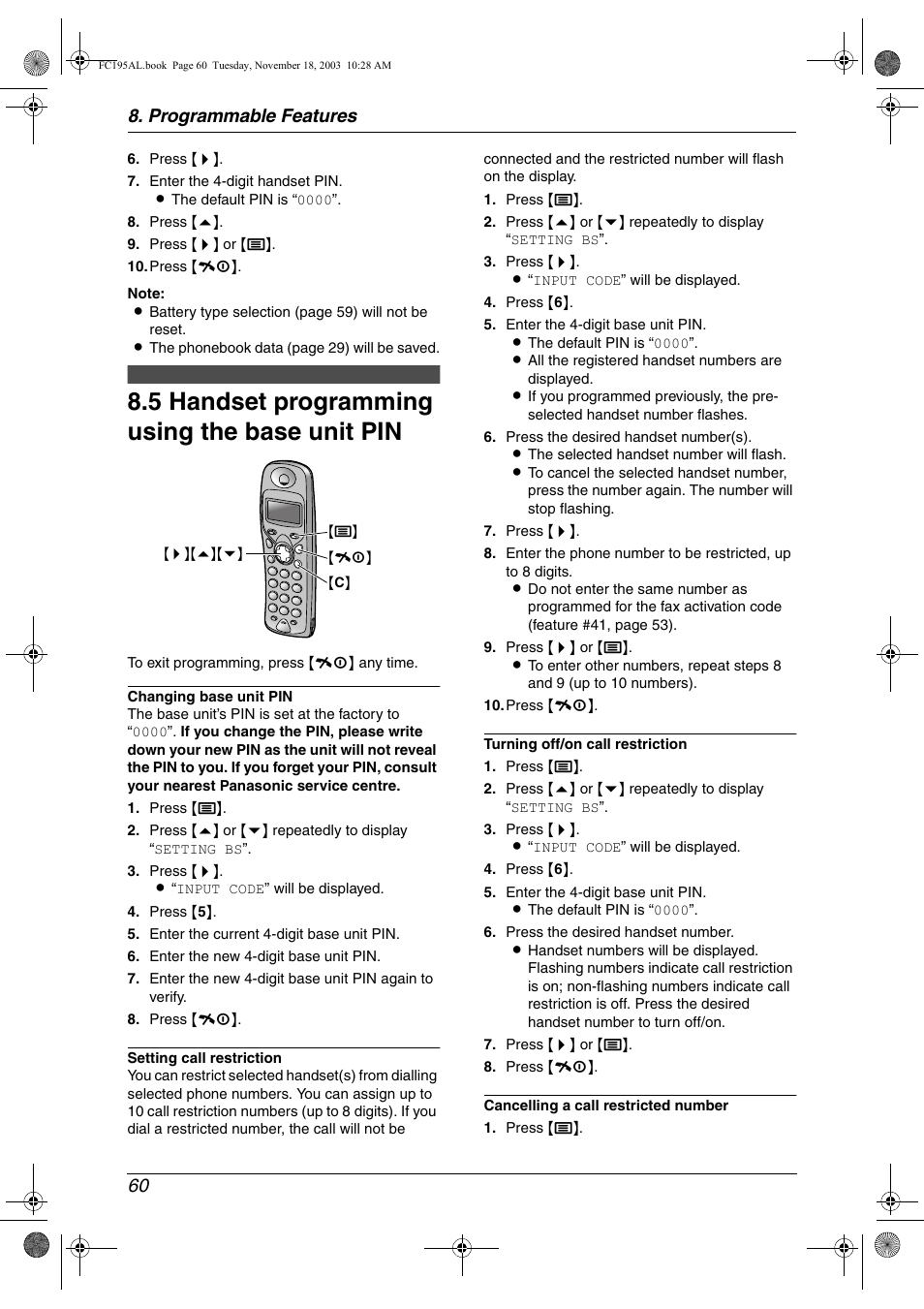 5 handset programming using the base unit pin, Handset programming using the base unit pin, 5 handset programming using the base unit pin | Programmable features 60 | Panasonic KX-FC195AL User Manual | Page 62 / 86