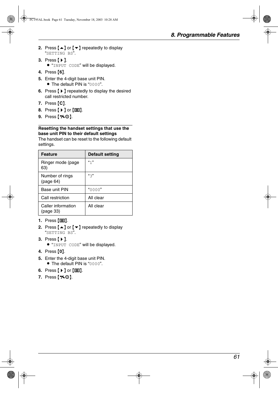 Programmable features 61 | Panasonic KX-FC195AL User Manual | Page 63 / 86