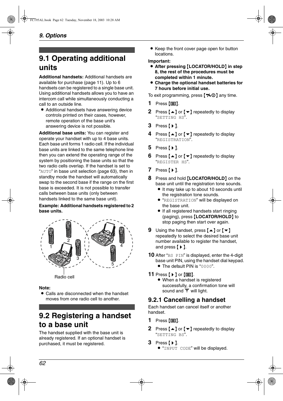 Options, Multi - units, 1 operating additional units | 2 registering a handset to a base unit, Operating additional units, Registering a handset to a base unit 62, 1 operating additional units, 2 registering a handset to a base unit, 1 cancelling a handset | Panasonic KX-FC195AL User Manual | Page 64 / 86