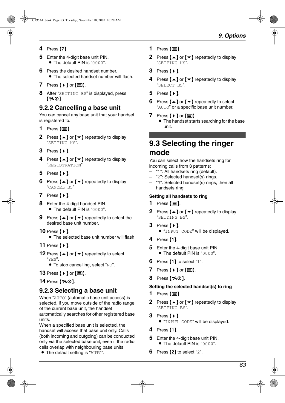 3 selecting the ringer mode, Selecting the ringer mode, 3 selecting the ringer mode | 2 cancelling a base unit, 3 selecting a base unit | Panasonic KX-FC195AL User Manual | Page 65 / 86