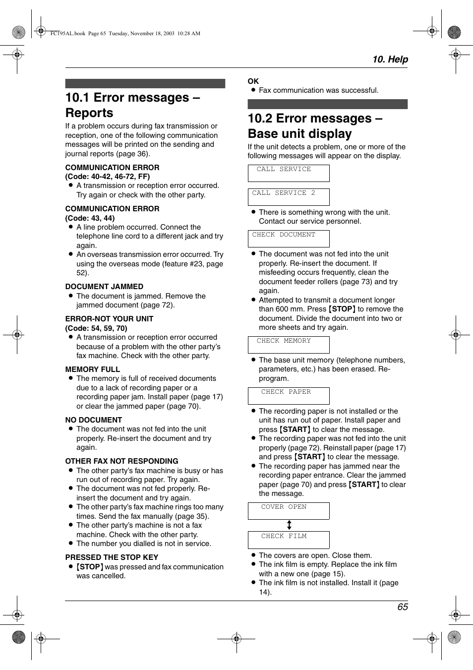 Help, Error messages, 1 error messages – reports | 2 error messages – base unit display, Error messages – reports, Error messages – base unit display . 65, 1 error messages – reports, 2 error messages – base unit display, Help 65 | Panasonic KX-FC195AL User Manual | Page 67 / 86