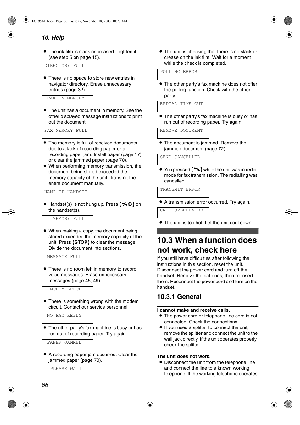 Frequently asked questions, 3 when a function does not work, check here, When a function does not work, check | Here, 3 when a function does not work, check here, 1 general, Help 66 | Panasonic KX-FC195AL User Manual | Page 68 / 86