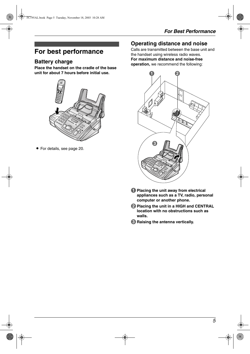 For best performance, Battery charge, Operating distance and noise | Panasonic KX-FC195AL User Manual | Page 7 / 86