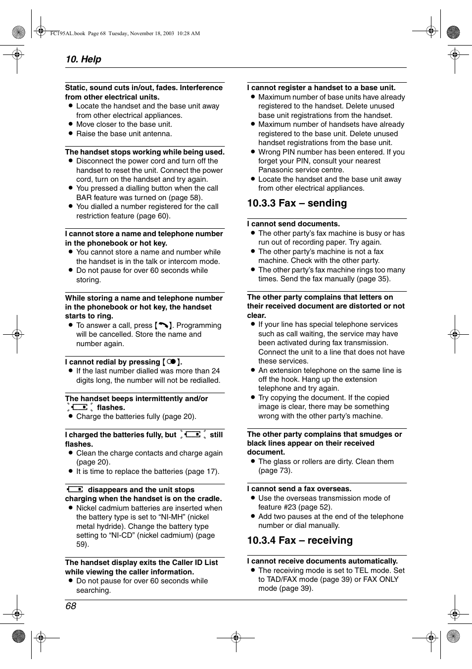 3 fax – sending, 4 fax – receiving, Help 68 | Panasonic KX-FC195AL User Manual | Page 70 / 86