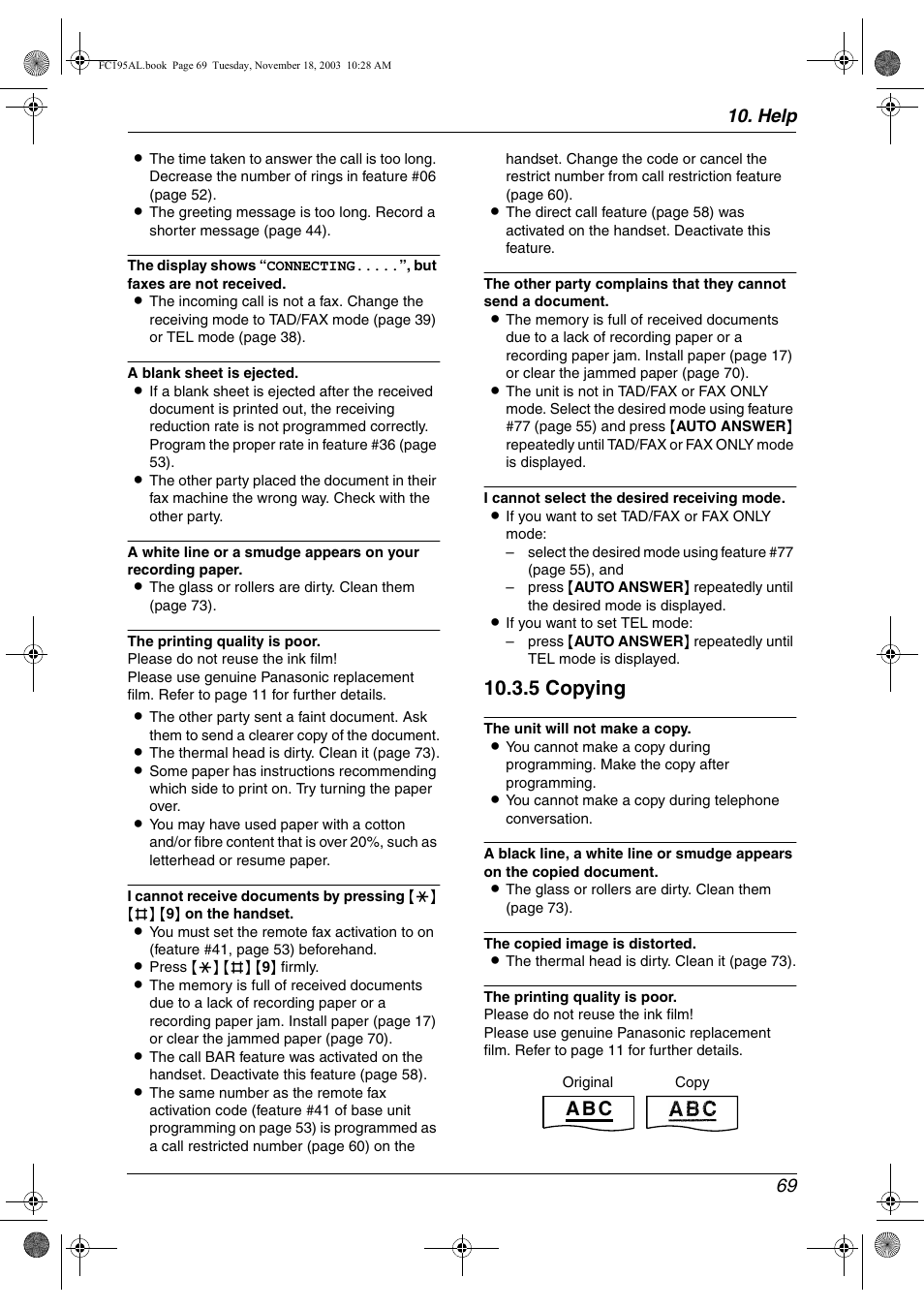 5 copying, A b c, Help 69 | Panasonic KX-FC195AL User Manual | Page 71 / 86