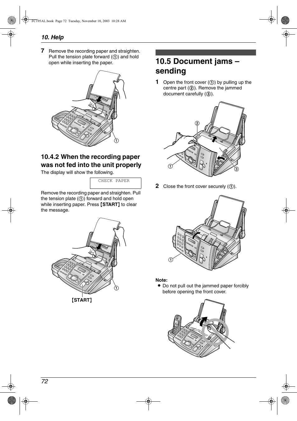 5 document jams – sending, Document jams – sending, 5 document jams – sending | Panasonic KX-FC195AL User Manual | Page 74 / 86