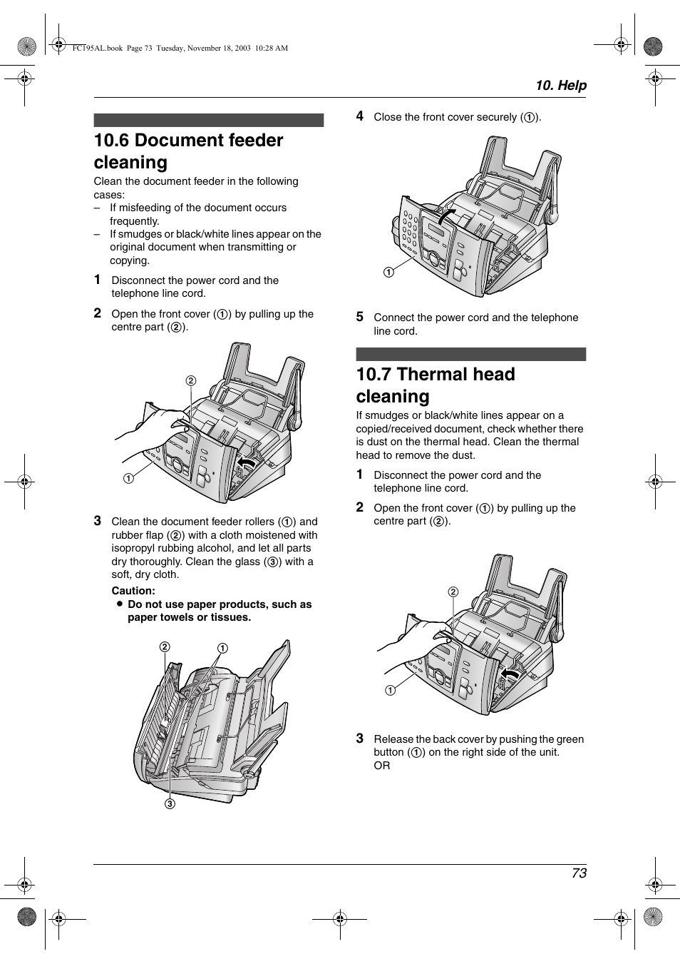 Cleaning, 6 document feeder cleaning, 7 thermal head cleaning | Document feeder cleaning, Thermal head cleaning, 6 document feeder cleaning, 7 thermal head cleaning | Panasonic KX-FC195AL User Manual | Page 75 / 86