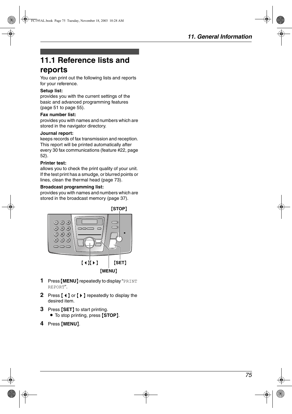 General information, Printed reports, 1 reference lists and reports | Specifications, Reference lists and reports, 1 reference lists and reports, General information 75 | Panasonic KX-FC195AL User Manual | Page 77 / 86