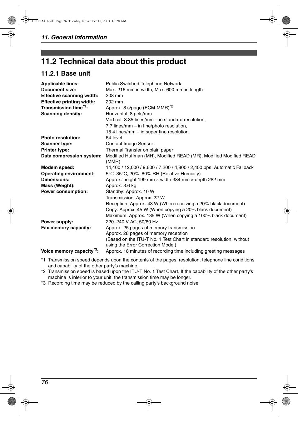 2 technical data about this product, Technical data about this product, 2 technical data about this product | 1 base unit, General information 76 | Panasonic KX-FC195AL User Manual | Page 78 / 86