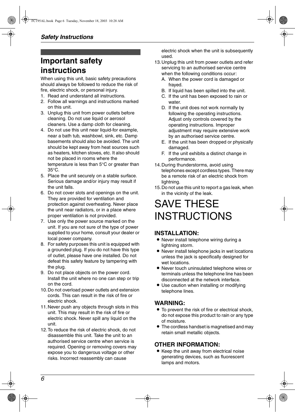 Safety instructions, Important safety instructions, Save these instructions | Safety instructions 6, Installation, Warning, Other information | Panasonic KX-FC195AL User Manual | Page 8 / 86