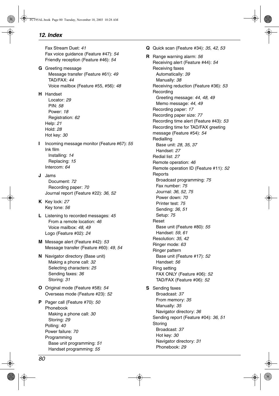 Index 80 | Panasonic KX-FC195AL User Manual | Page 82 / 86