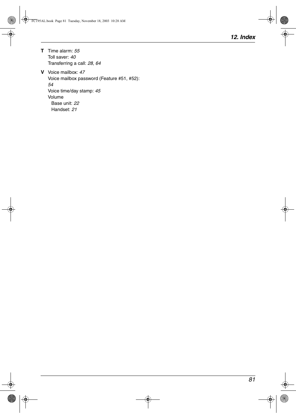 Index 81 | Panasonic KX-FC195AL User Manual | Page 83 / 86