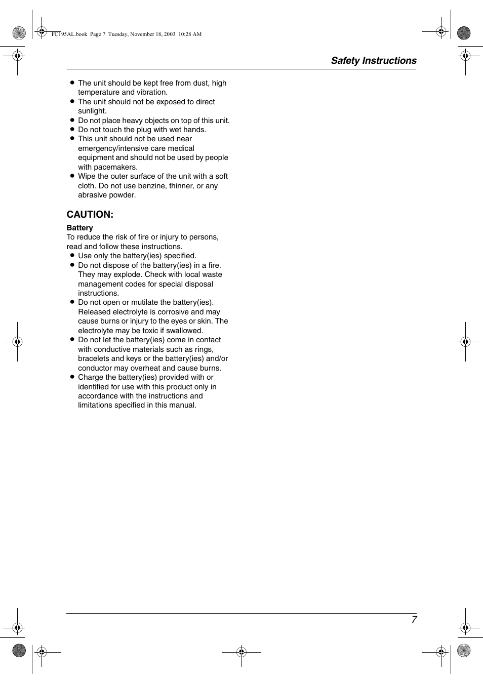 Safety instructions 7, Caution | Panasonic KX-FC195AL User Manual | Page 9 / 86