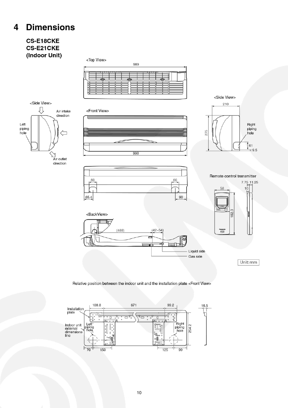 4 dimensions | Panasonic CS-E21CKE User Manual | Page 10 / 100