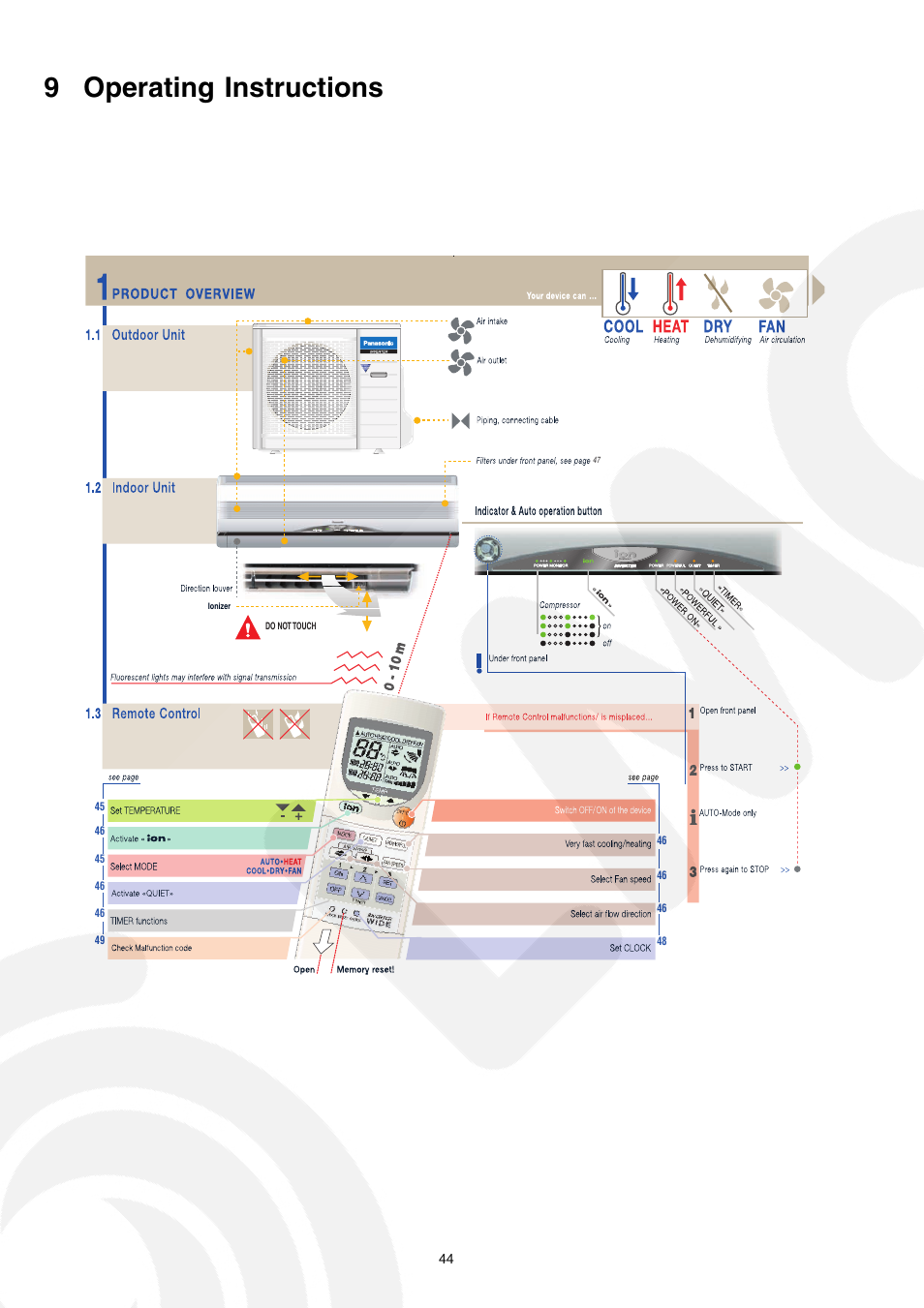 9 operating instructions | Panasonic CS-E21CKE User Manual | Page 44 / 100