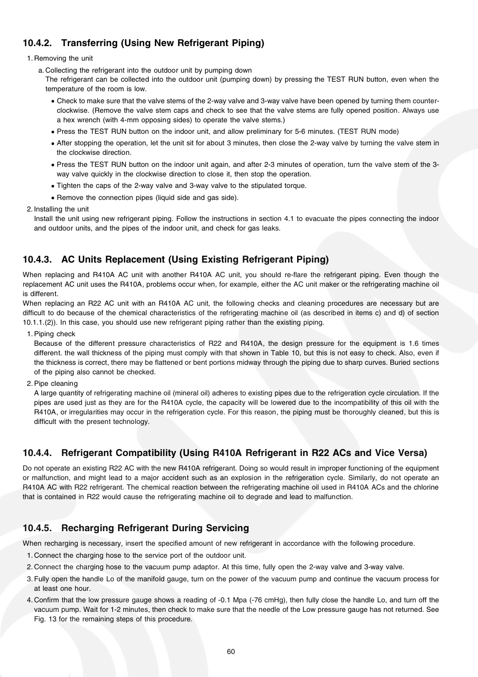 Transferring (using new refrigerant piping), Recharging refrigerant during servicing | Panasonic CS-E21CKE User Manual | Page 60 / 100