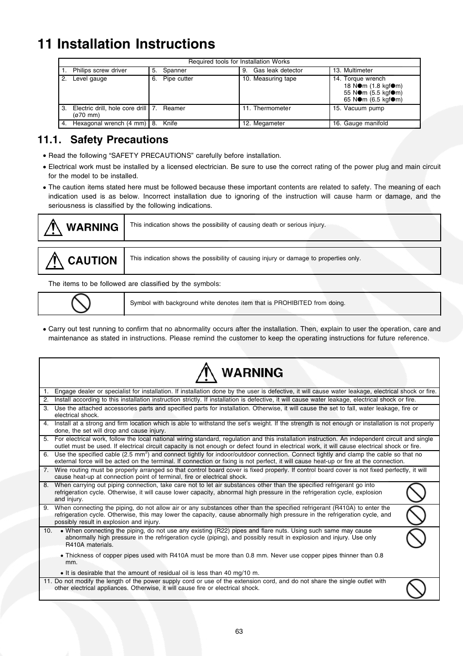11 installation instructions, Safety precautions | Panasonic CS-E21CKE User Manual | Page 63 / 100