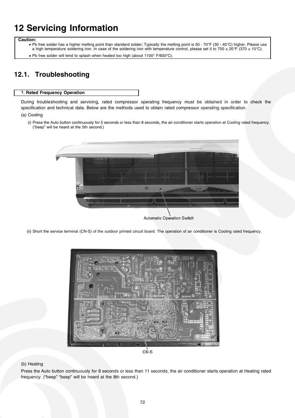 12 servicing information, Troubleshooting | Panasonic CS-E21CKE User Manual | Page 72 / 100