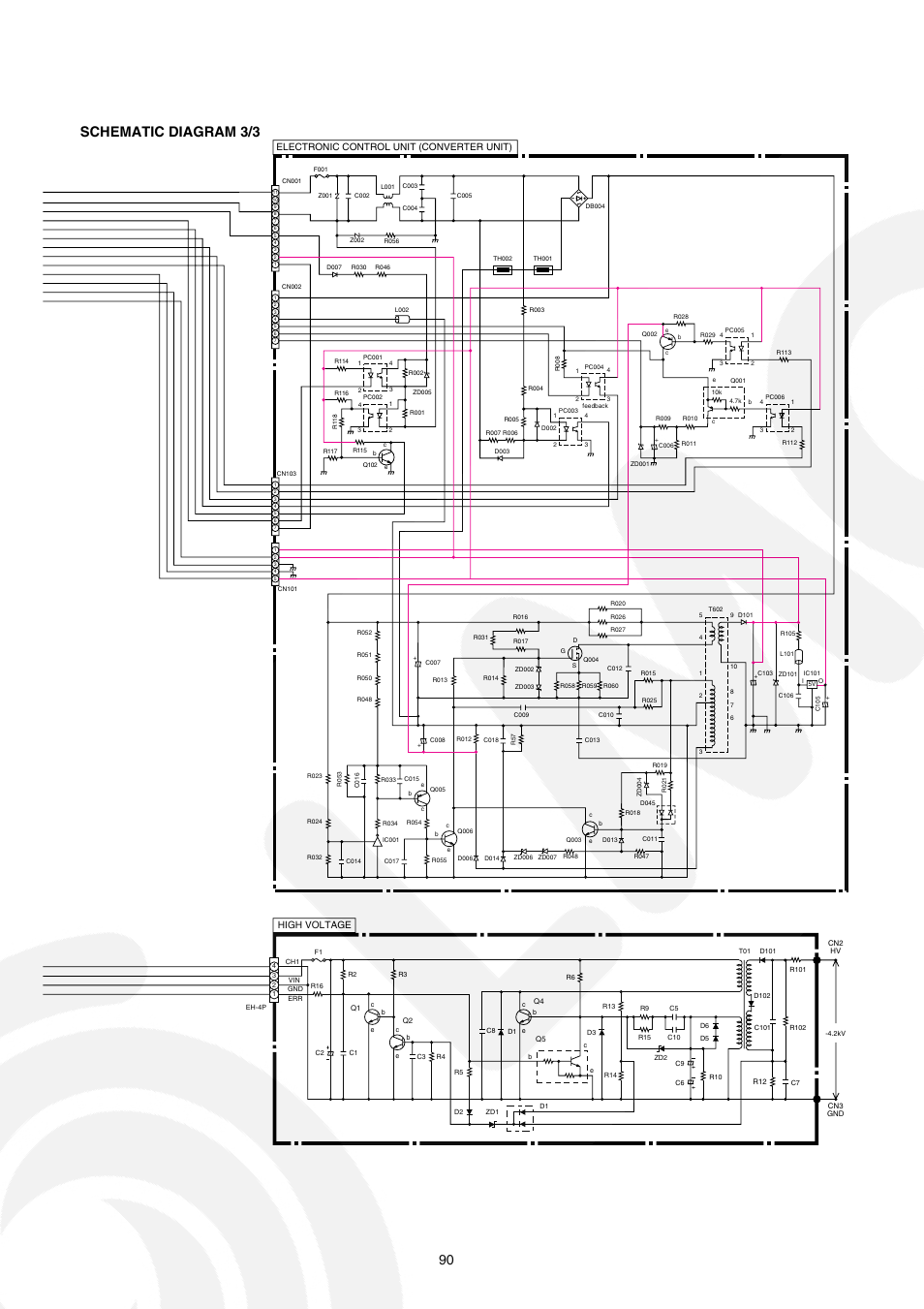 Schematic diagram 3/3, Electronic control unit (converter unit), High voltage | Panasonic CS-E21CKE User Manual | Page 90 / 100