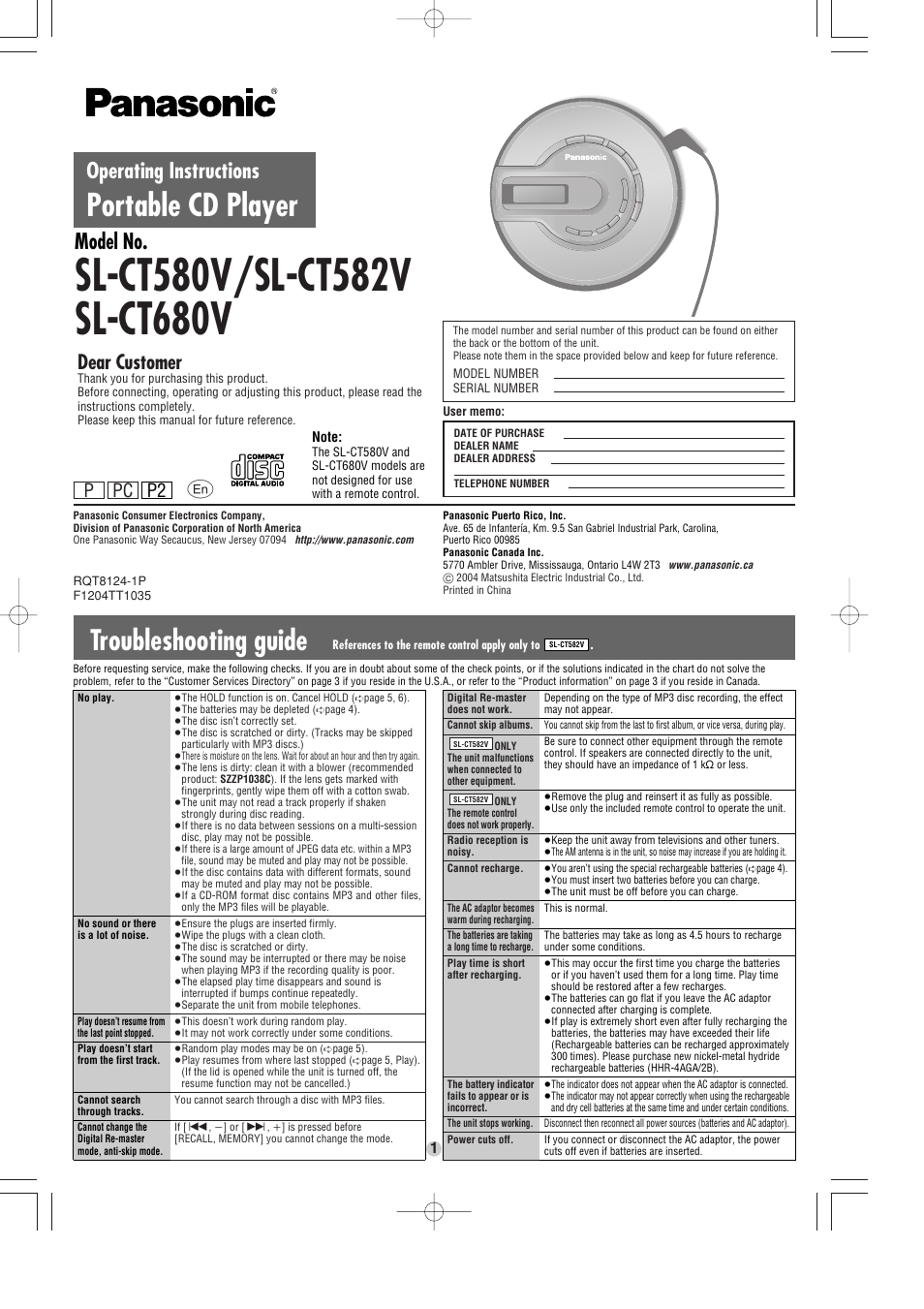 Panasonic SL-CT580V User Manual | 6 pages