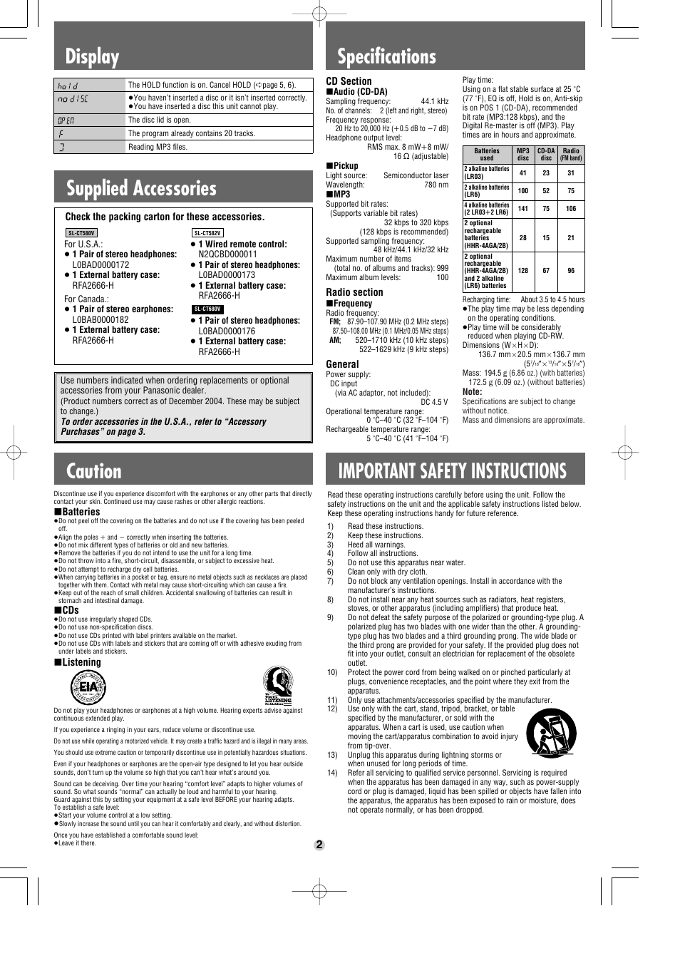Display, Caution, Specifications important safety instructions | Supplied accessories | Panasonic SL-CT580V User Manual | Page 2 / 6