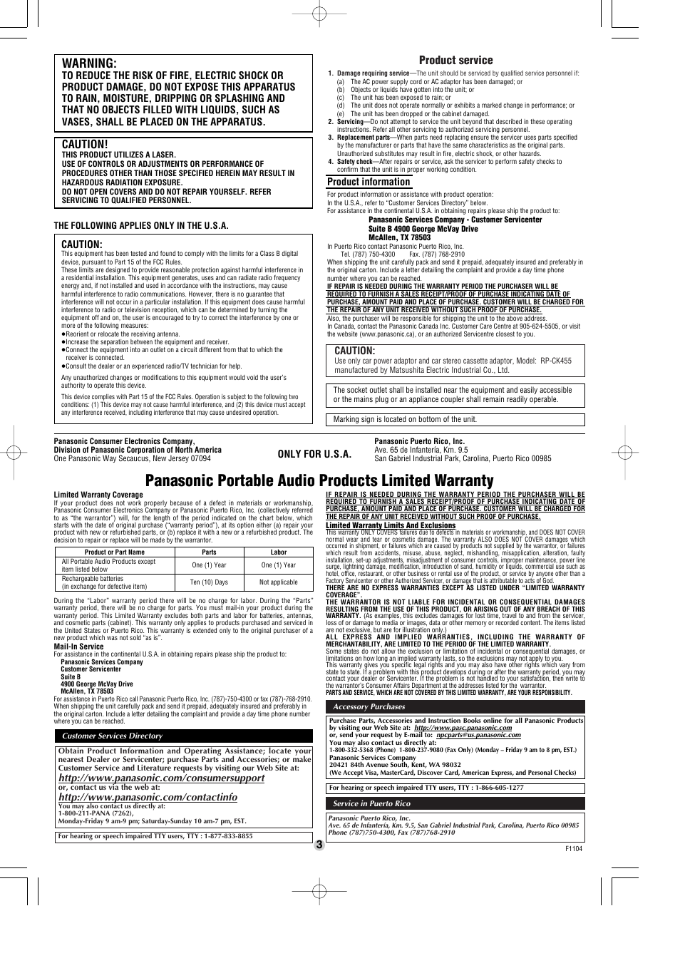 Panasonic portable audio products limited warranty, Warning, Product service | Caution, Product information, Only for u.s.a | Panasonic SL-CT580V User Manual | Page 3 / 6