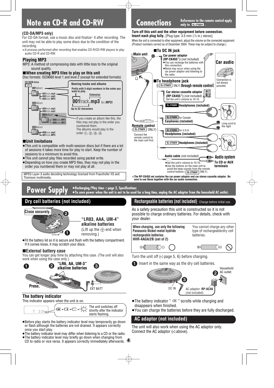 Connections, Power supply, 001 track .mp3 | Rechargeable batteries (not included), Dry cell batteries (not included), Ac adaptor (not included), Car audio, Audio system, Playing mp3, The battery indicator | Panasonic SL-CT580V User Manual | Page 4 / 6