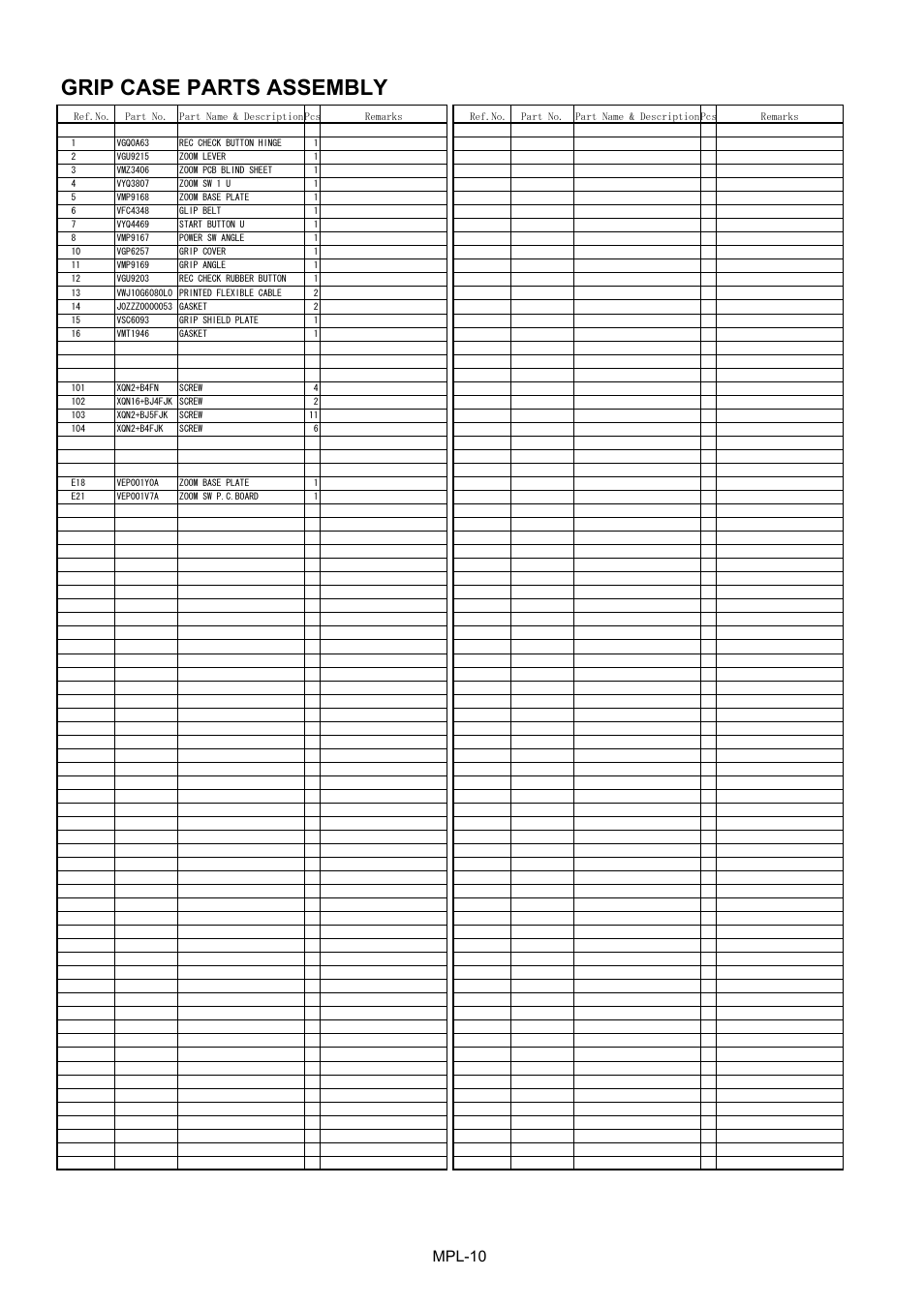 Grip case parts assembly, Mpl-10 | Panasonic AG-HMC151E User Manual | Page 11 / 15