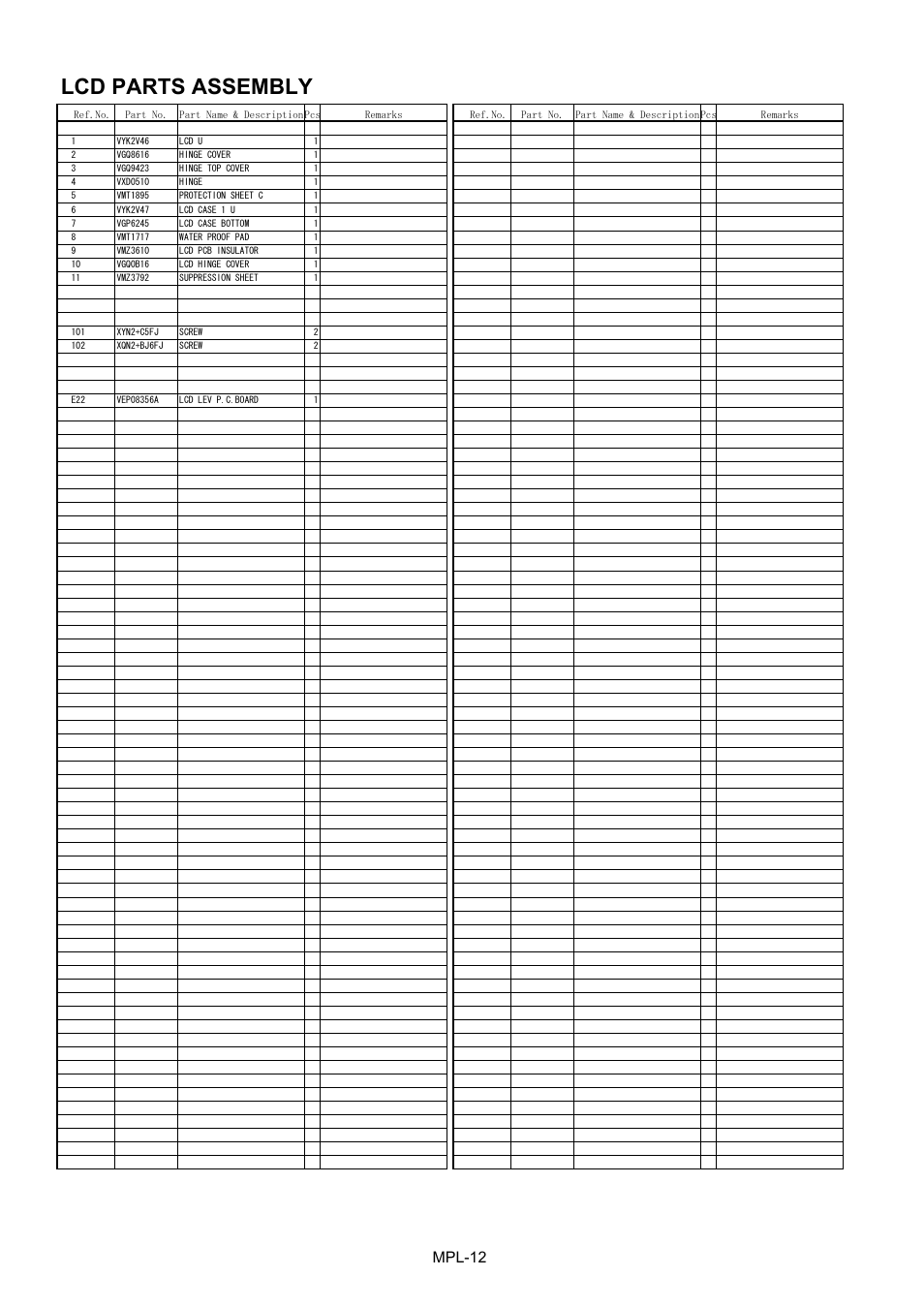 Lcd parts assembly, Mpl-12 | Panasonic AG-HMC151E User Manual | Page 13 / 15