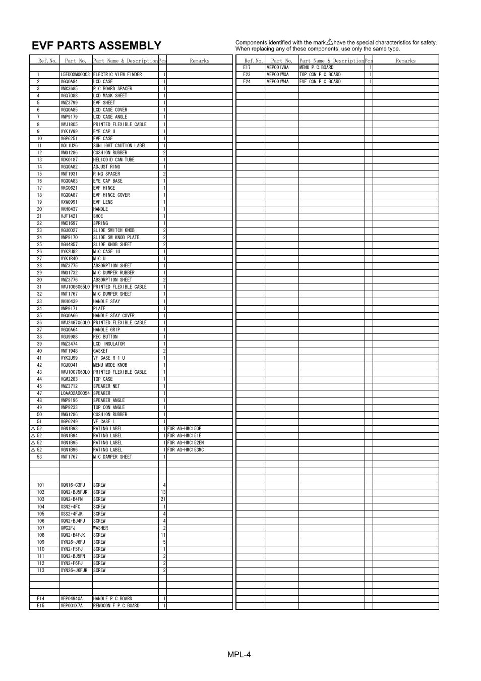 Evf parts assembly, Mpl-4 | Panasonic AG-HMC151E User Manual | Page 5 / 15