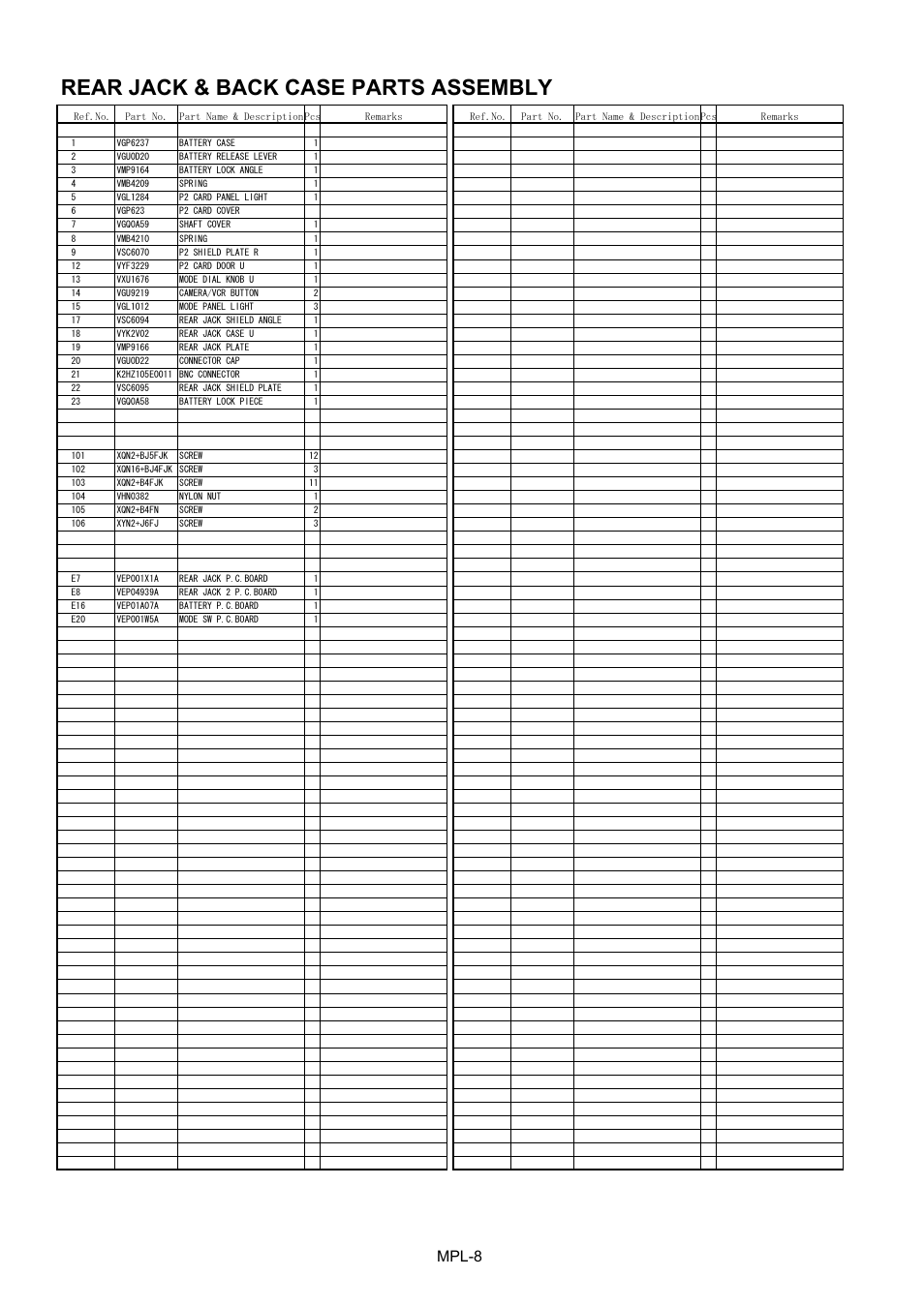 Rear jack & back case parts assembly, Mpl-8 | Panasonic AG-HMC151E User Manual | Page 9 / 15