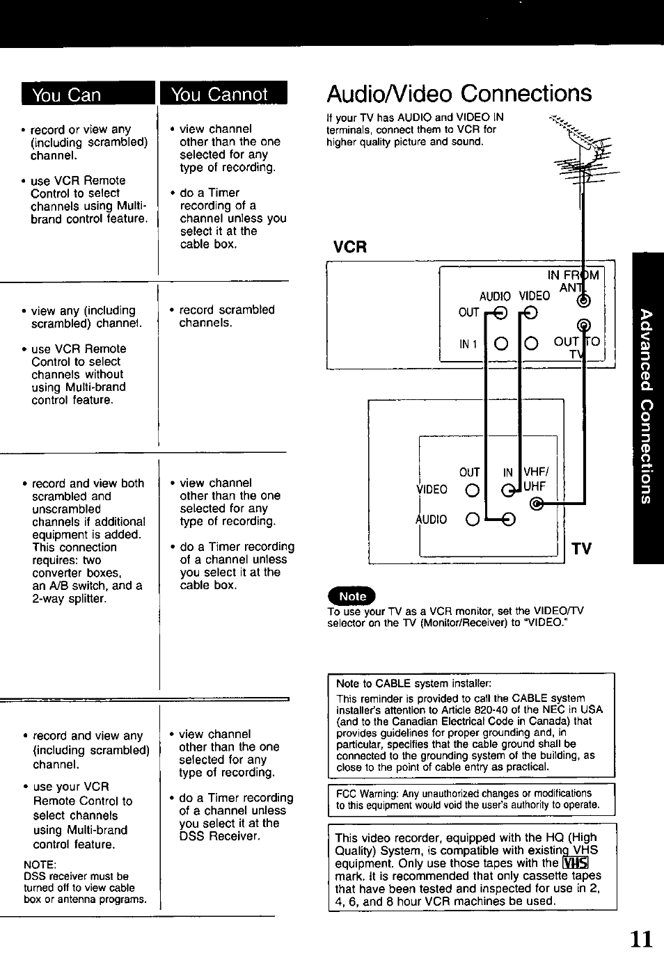 Audioa/ideo connections, You can, You cannot | Panasonic PV-840F User Manual | Page 11 / 40