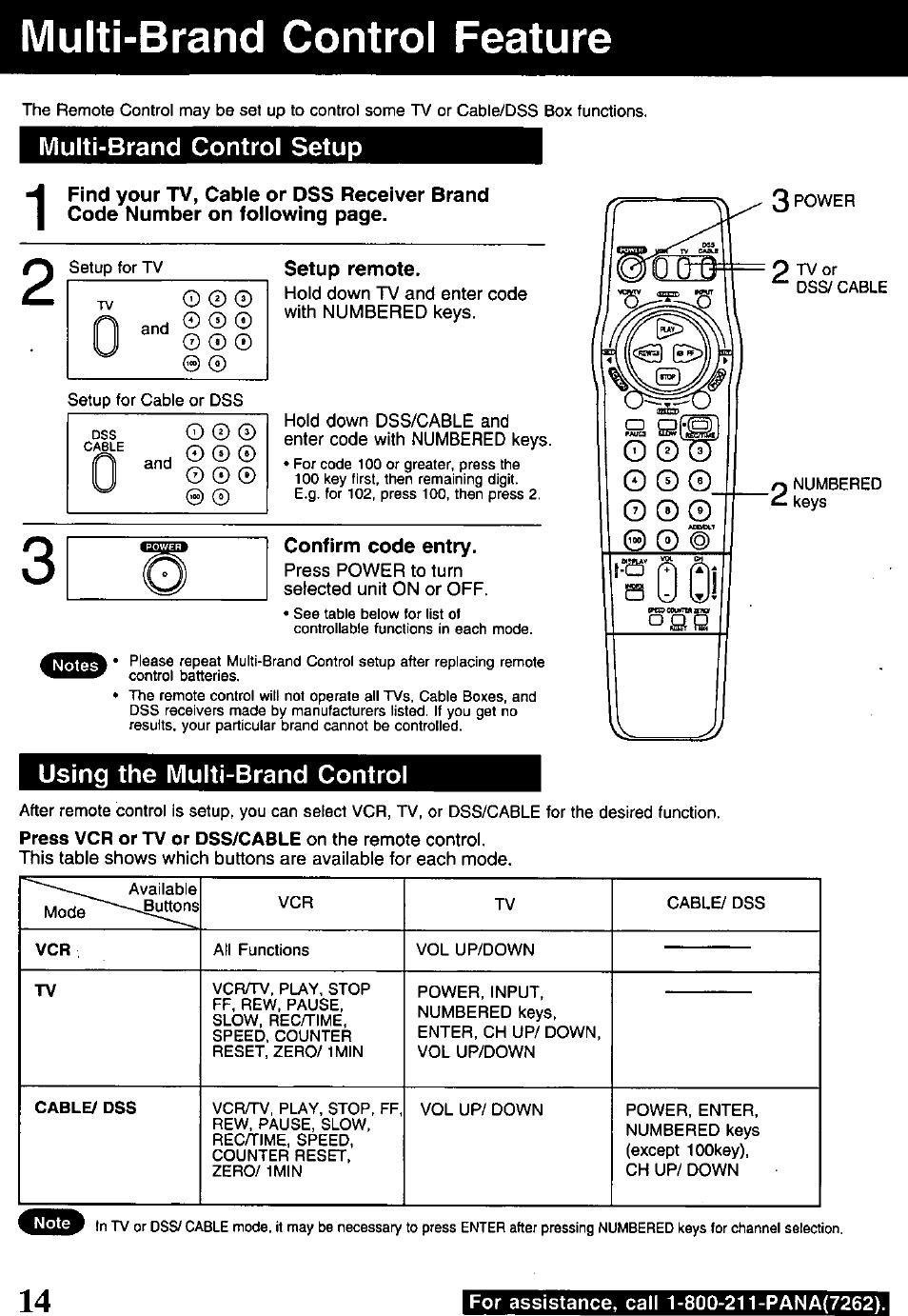 Setup remote, Confirm code entry, Multi-brand control feature | Multi-brand control setup, Using the multi-brand control | Panasonic PV-840F User Manual | Page 14 / 40