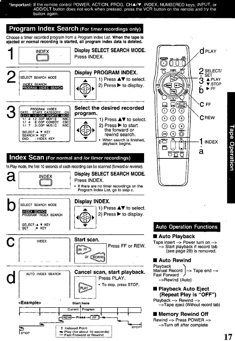 Display select search mode, Press index, Display program index | 1) press at to select, 2) press ► to display, Select the desired recorded program, 2) press ► to start the forward or rewind search, Index scan (for normal and /or timer recordings), Display index, Start scan | Panasonic PV-840F User Manual | Page 17 / 40