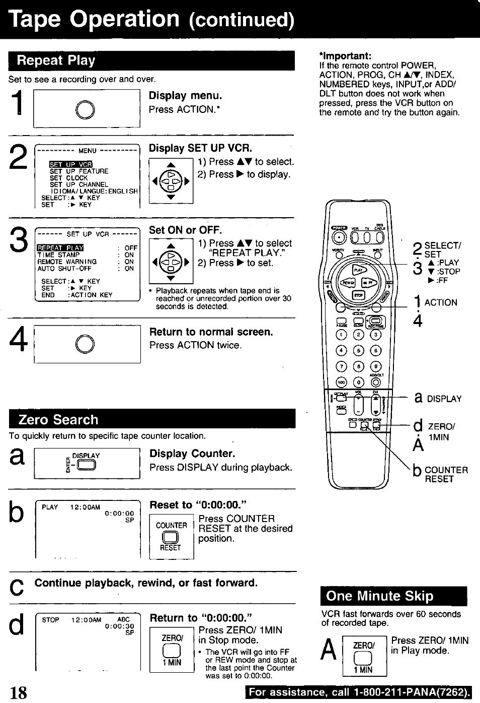 Display set up vcr, Set on or off, Return to normal screen | Display counter, Reset to ‘‘0:00:00, Continue playback, rewind, or fast forward, Return to “0:00:00, Tape operation, Continued), Repeat play | Panasonic PV-840F User Manual | Page 18 / 40