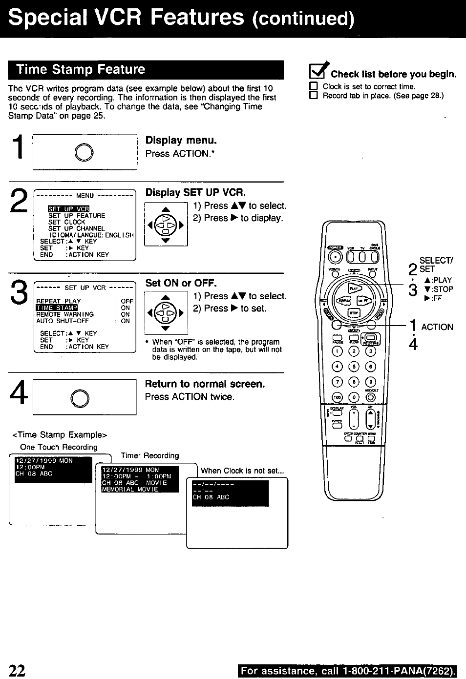Check list before you begin, Display menu, Display set up vcr | Set on or off, Return to normal screen, Special vcr features, Continued), Time stamp feature | Panasonic PV-840F User Manual | Page 22 / 40
