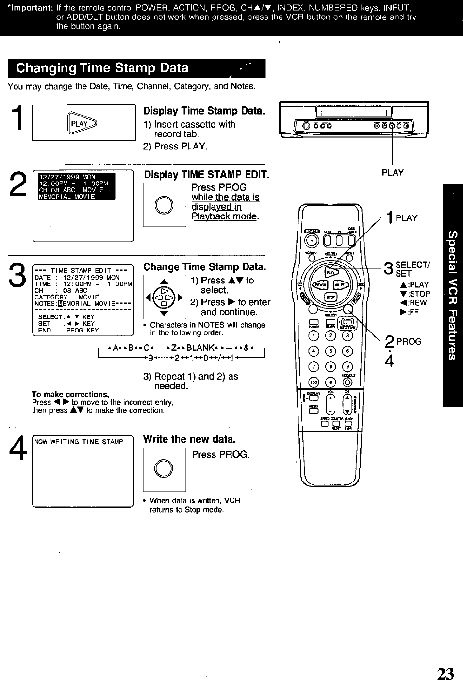 Display time stamp data, Display time stamp edit, Change time stamp data | Write the new data, Changing time stamp data | Panasonic PV-840F User Manual | Page 23 / 40