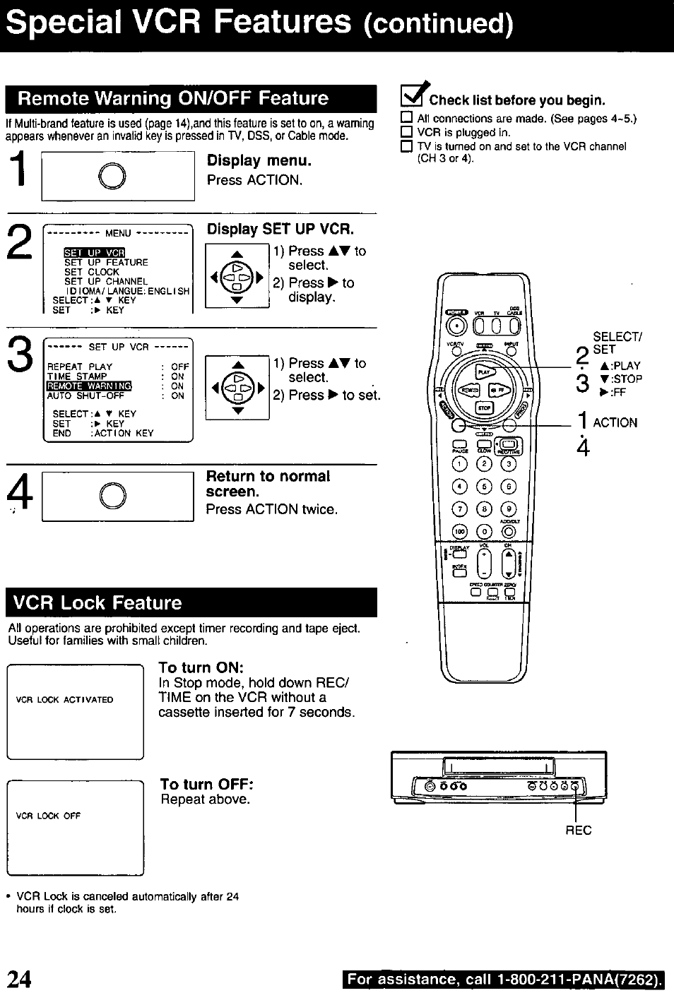 Display menu, Display set up vcr, Return to normal screen | To turn on, To turn off, Check list before you begin, Special vcr features, Continued), Remote warning on/off feature, Vcr lock feature | Panasonic PV-840F User Manual | Page 24 / 40