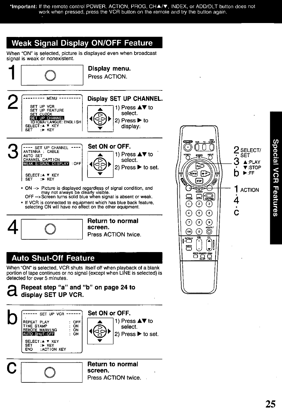 Display menu, Display set up channel, Set on or off | Return to normal screen, Weak signal display on/off feature, Auto shut-off feature | Panasonic PV-840F User Manual | Page 25 / 40