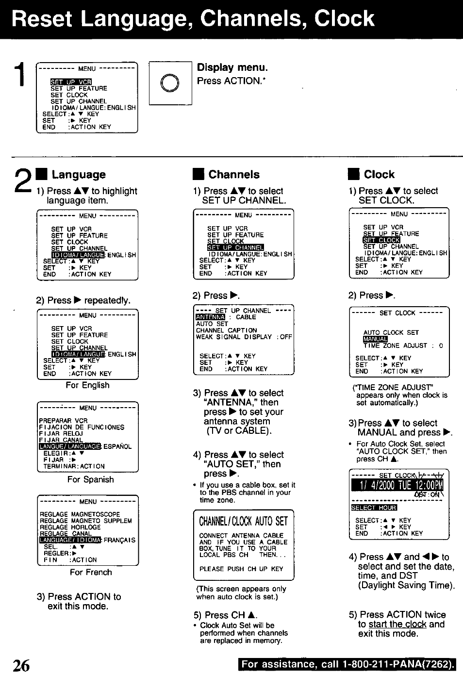 Display menu, Reset language, channels, clock, Channel/axk auto set | Language, Channels, Clock | Panasonic PV-840F User Manual | Page 26 / 40