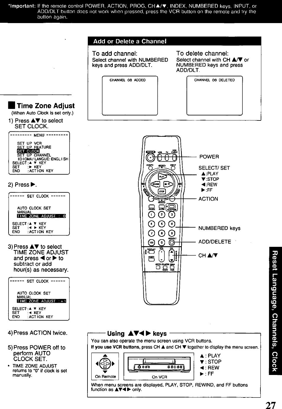 Add or delete a channel, I time zone adjust, To add channel | To delete channel, Using aw4 ^ keys, Time zone adjust, Cha/t | Panasonic PV-840F User Manual | Page 27 / 40