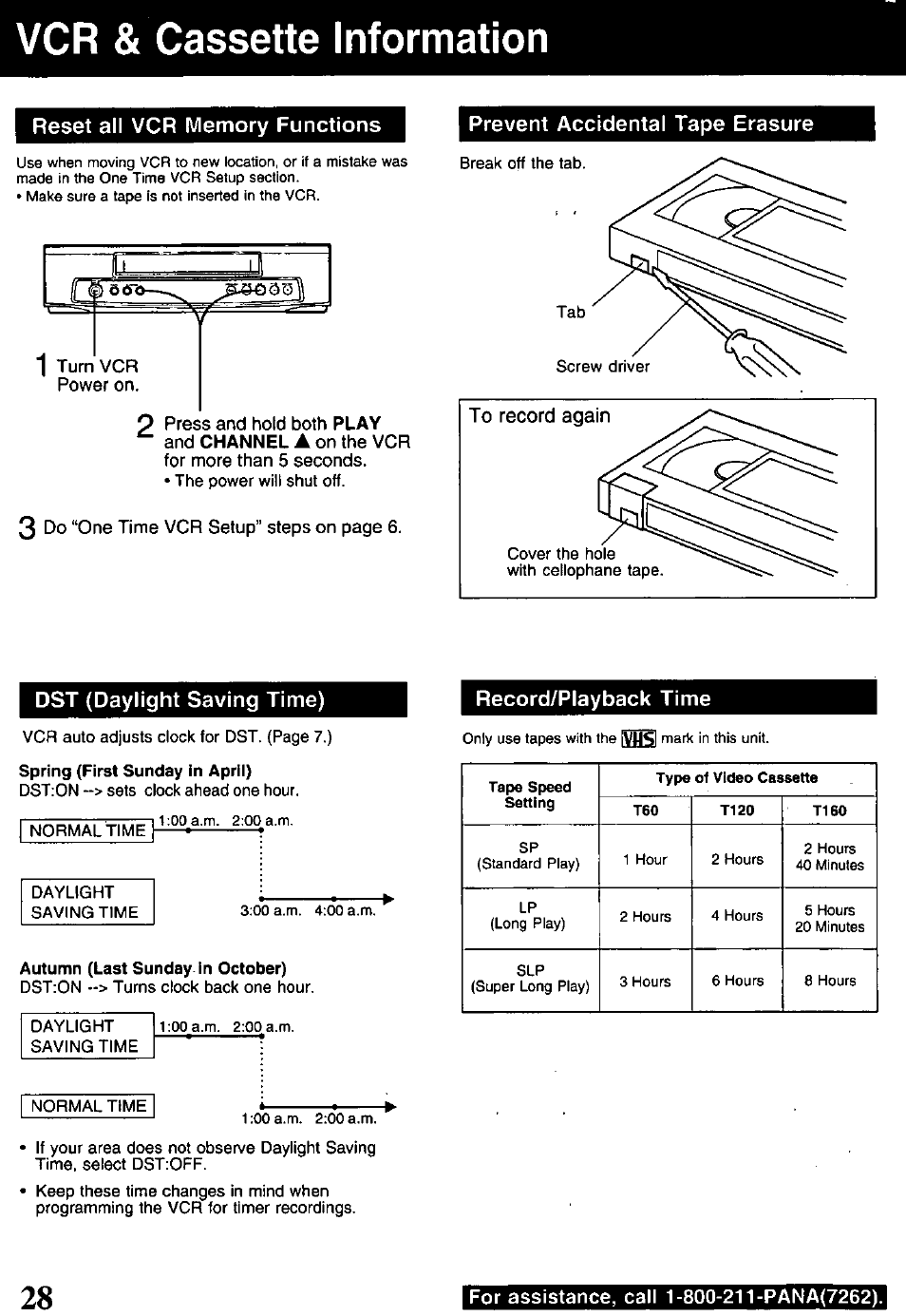 Reset all vcr memory functions, Prevent accidental tape erasure, Dst (daylight saving time) | Spring (first sunday in april), Autumn (last sunday in october), Record/playback time, Vcr & cassette information | Panasonic PV-840F User Manual | Page 28 / 40