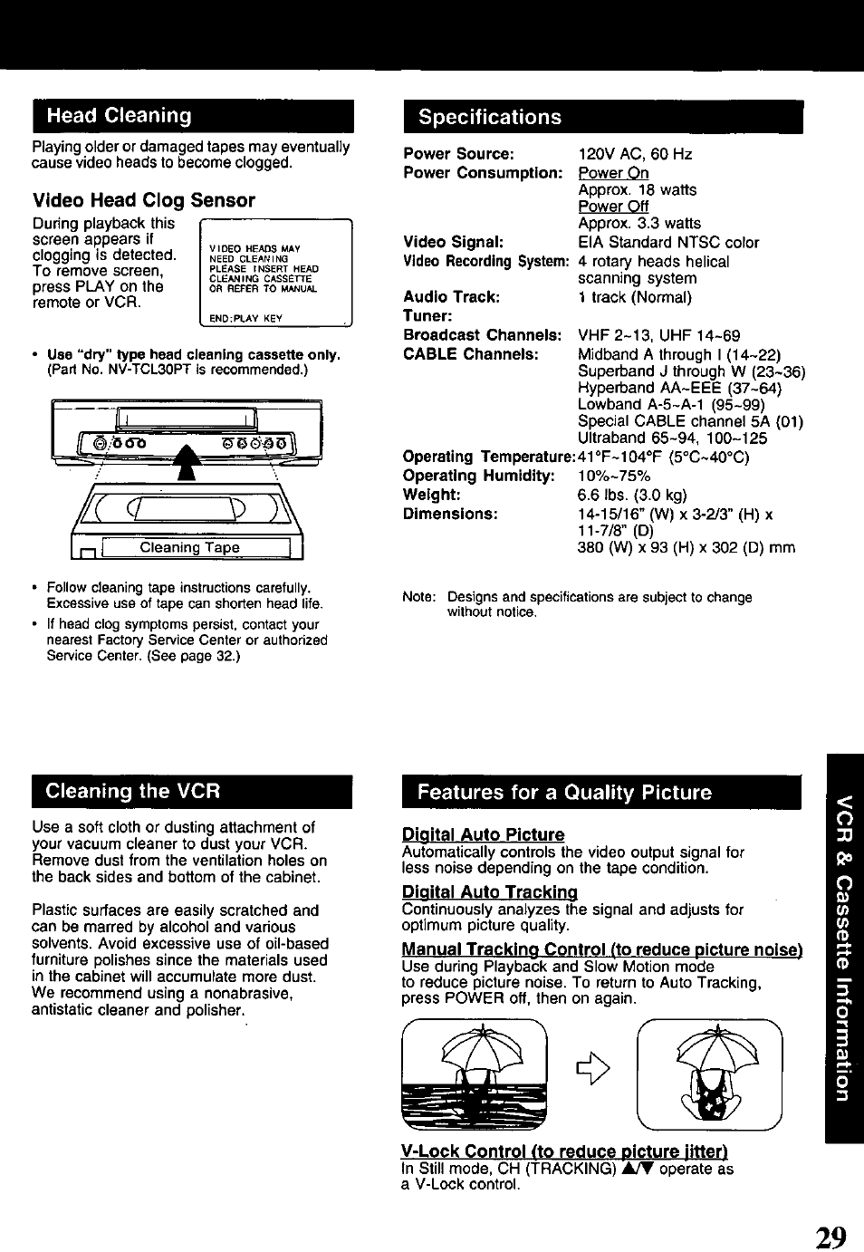 Video head clog sensor, Power source, Video signai | Audio track, Cleaning the vcr, Features for a quality picture | Panasonic PV-840F User Manual | Page 29 / 40