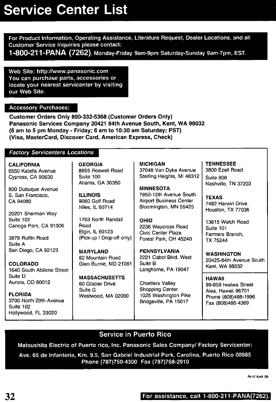 Accessory purchases, Service in puerto rico, Service center list | Panasonic PV-840F User Manual | Page 32 / 40