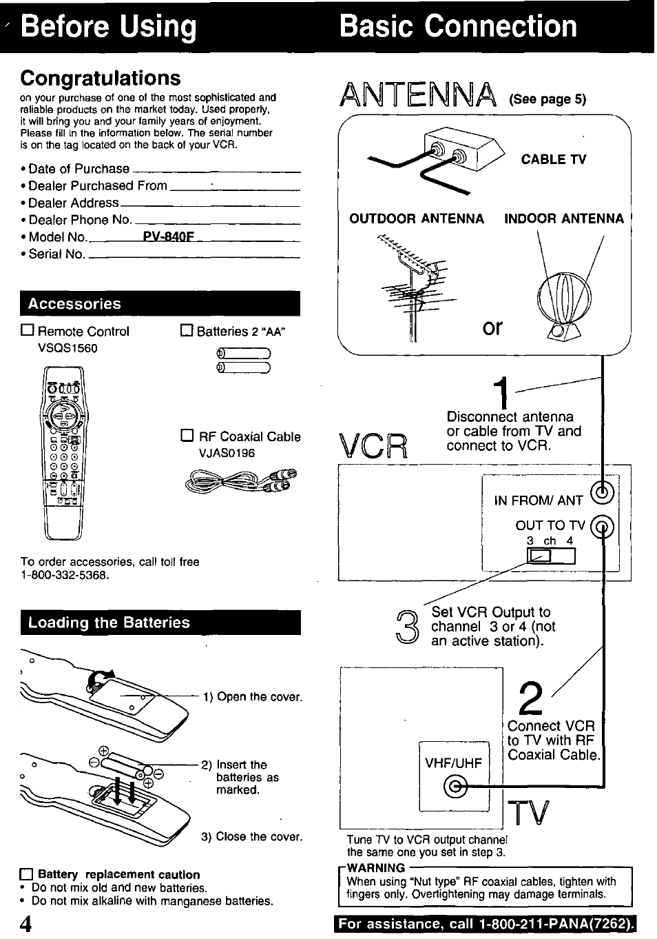 Pv-84qf, Accessories, Loading the batteries | R~l battery replacement caution, Antenna, Before using basic connection | Panasonic PV-840F User Manual | Page 4 / 40