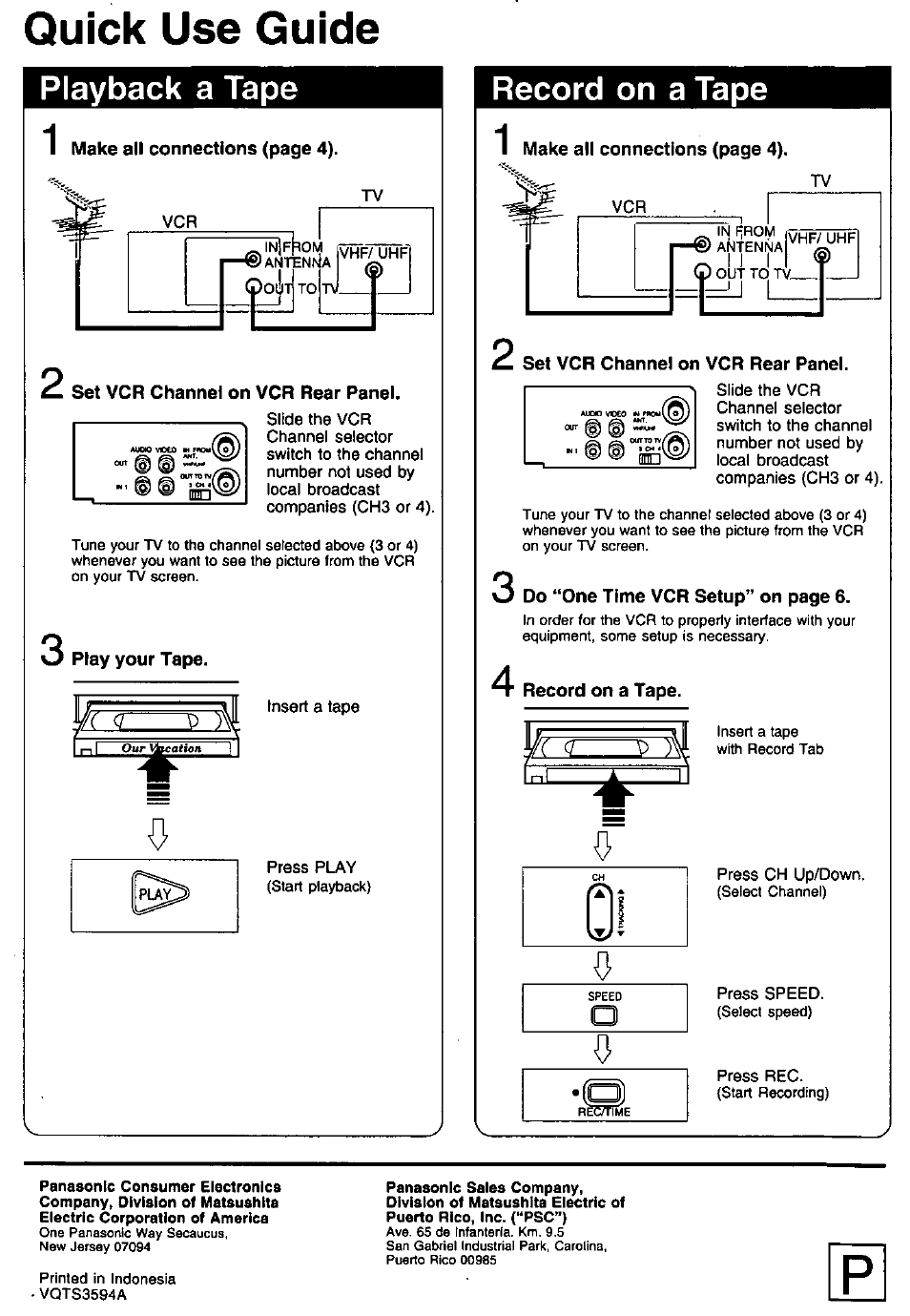 Quick use guide, Playback a tape, Record on a tape | Panasonic PV-840F User Manual | Page 40 / 40